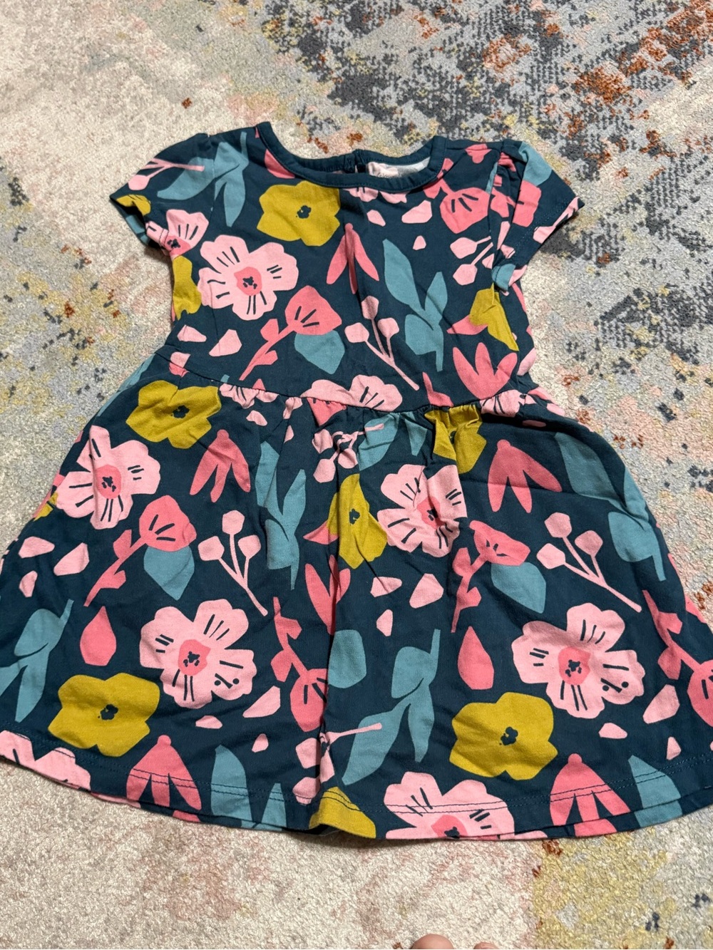 Simple Navy Floral Short-Sleeve Dress with Pink and Yellow Blooms